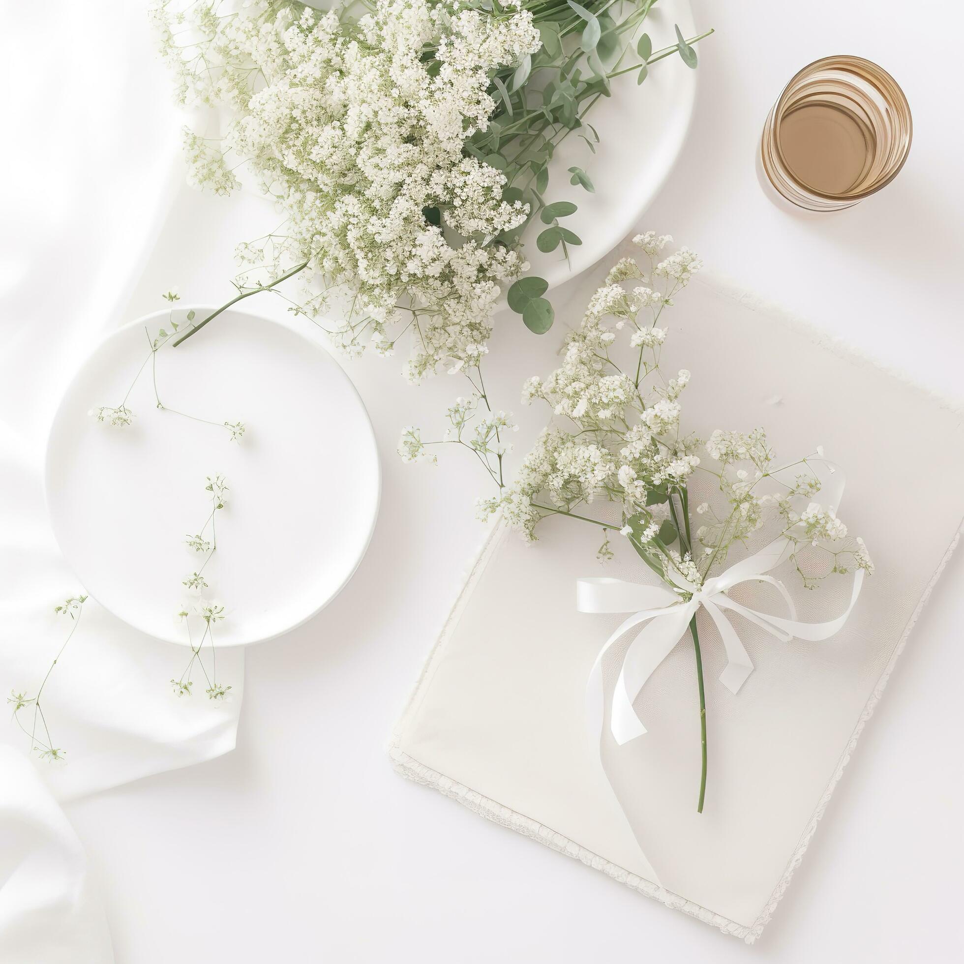 wedding desktop mockup with baby’s breath Gypsophila flowers, dry green eucalyptus leaves, satin ribbon and white background, , generat ai Stock Free