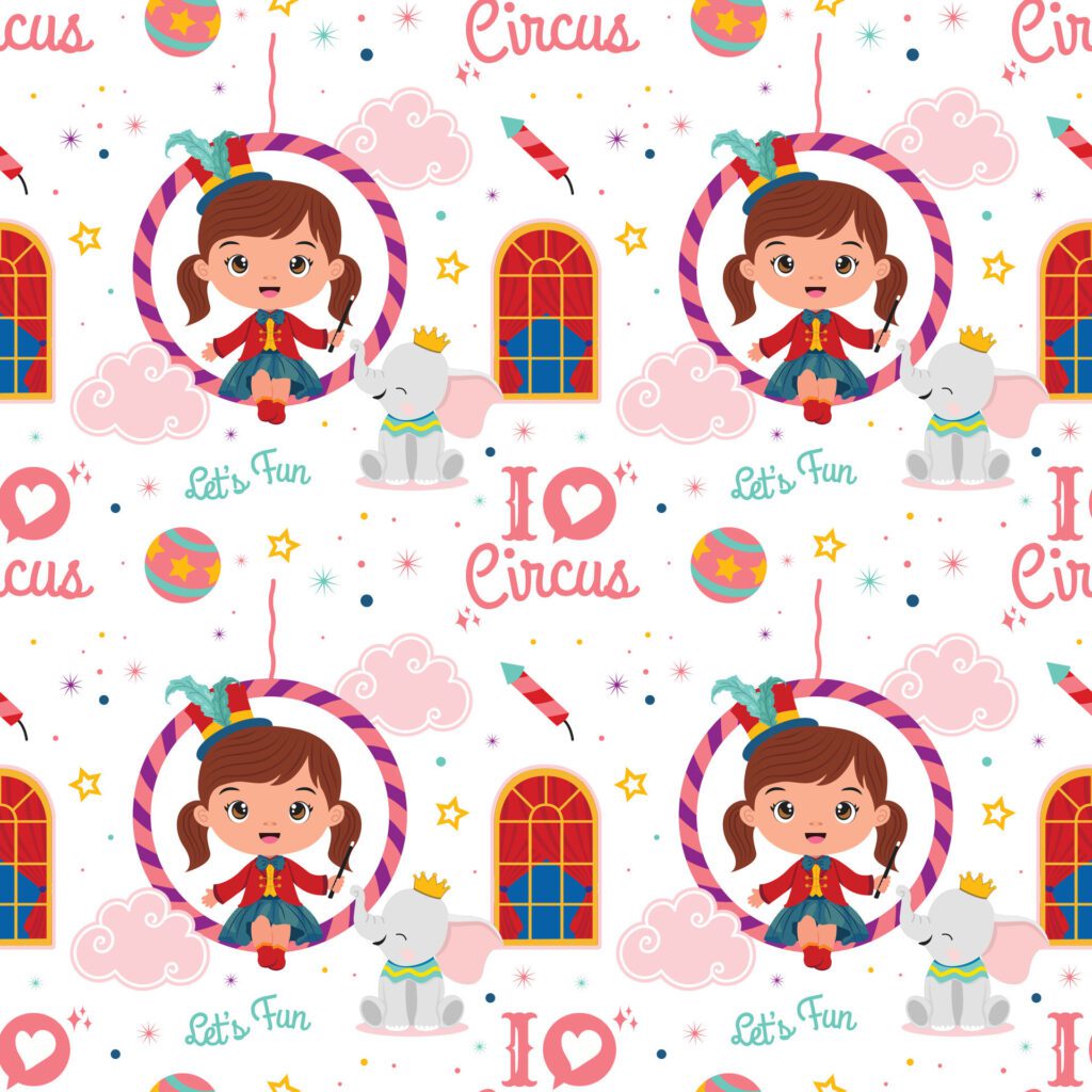 Circus seamless pattern with cute acrobat girl sitting on the hoop and baby elephant in white background Free Vector