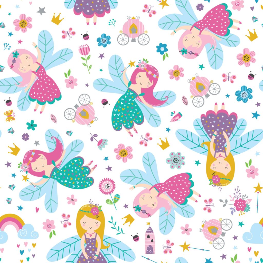 Vector seamless childish pattern with fairy, flowers, rainbow Free Vector