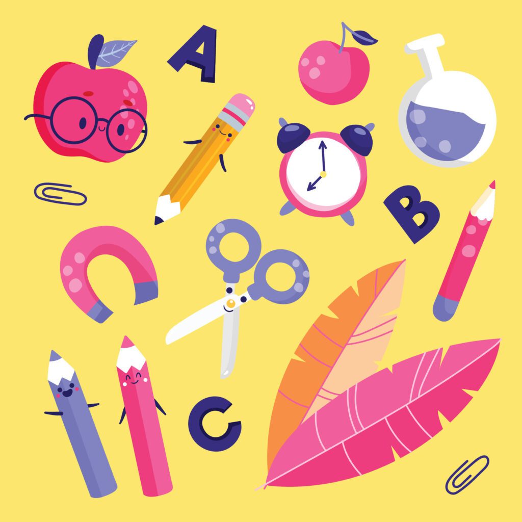 school supplies and objects on a yellow background Free Vector