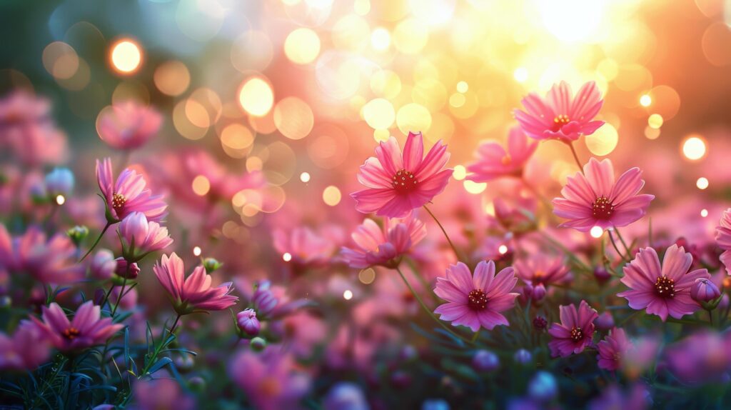 Field of Pink Flowers With Sun Background Stock Free