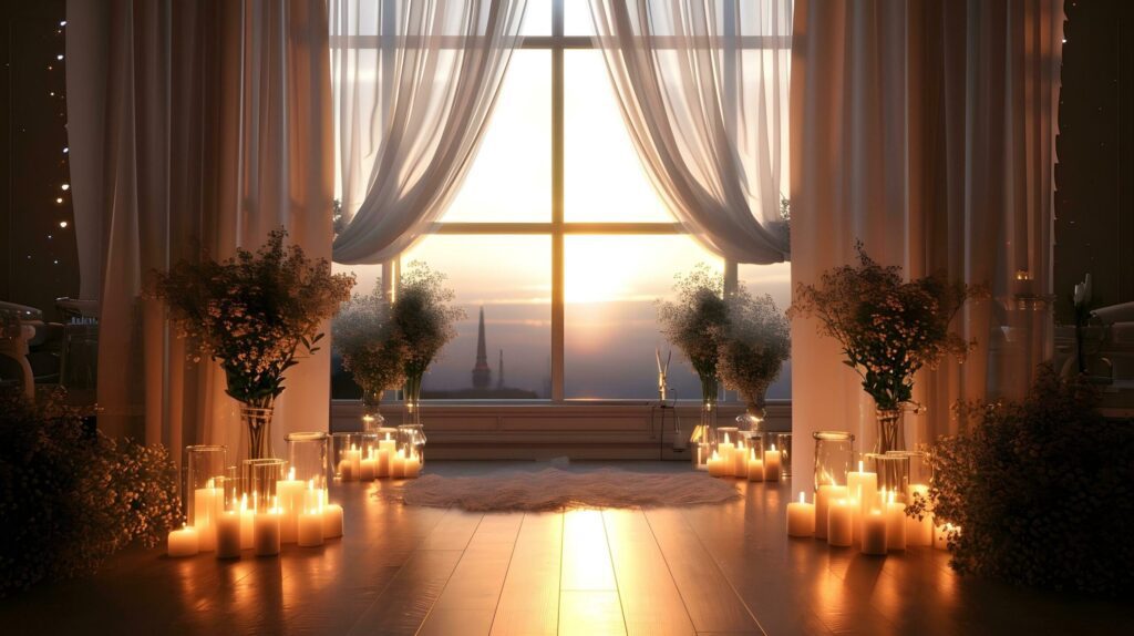 Golden Sunset View through a Window of Elegance Free Photo