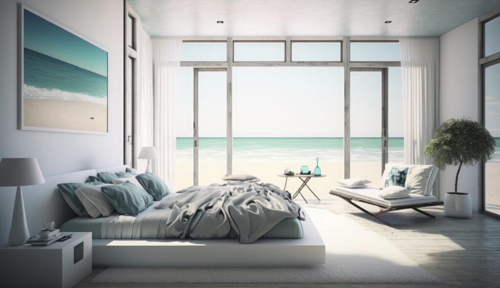 Beach bedroom interior – Modern and Luxury vacation, 3D render, Generate Ai Stock Free