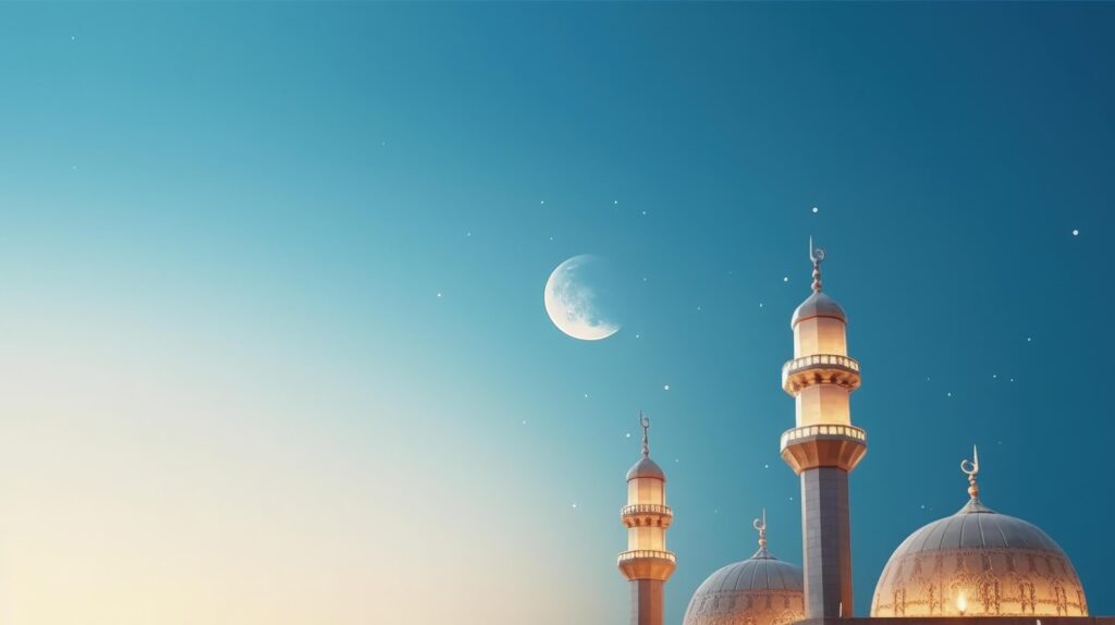 Mosques Dome on dark blue twilight sky and Crescent Moon on background Illustration Stock Free