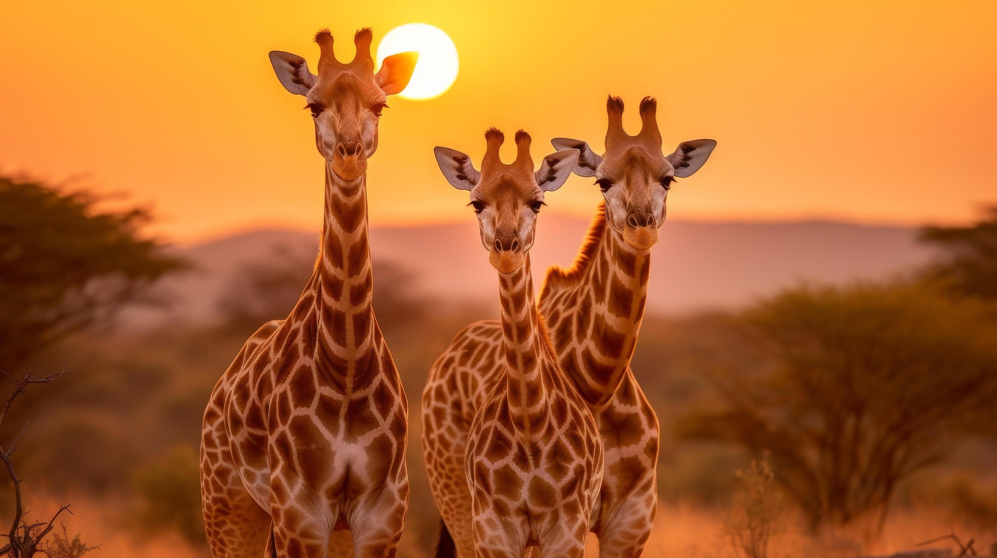 AI generated Beautiful sunset with giraffe family silhouette Stock Free