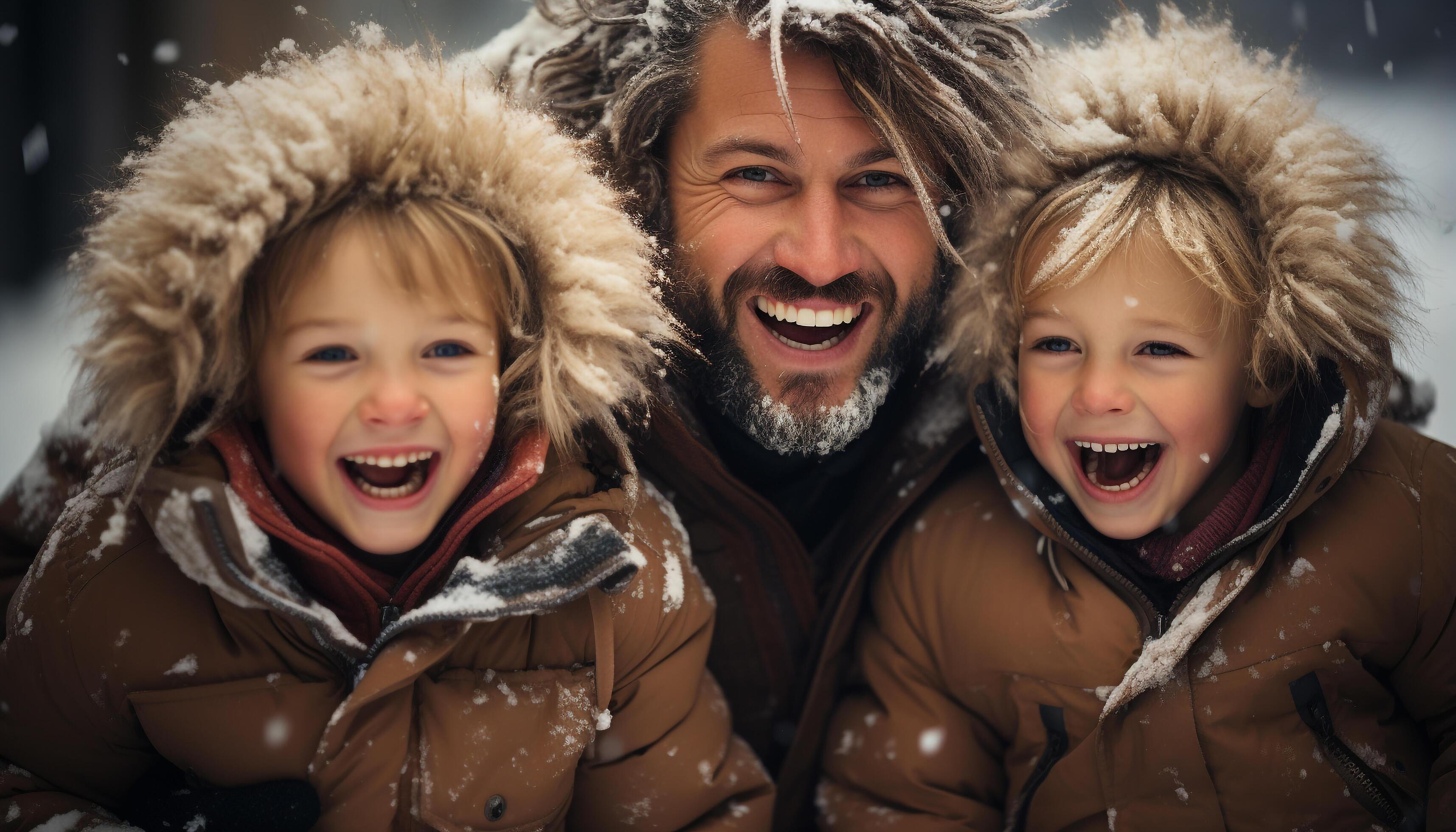 AI generated Smiling family embraces winter, playing in snow, joyful and cheerful generated by AI Stock Free