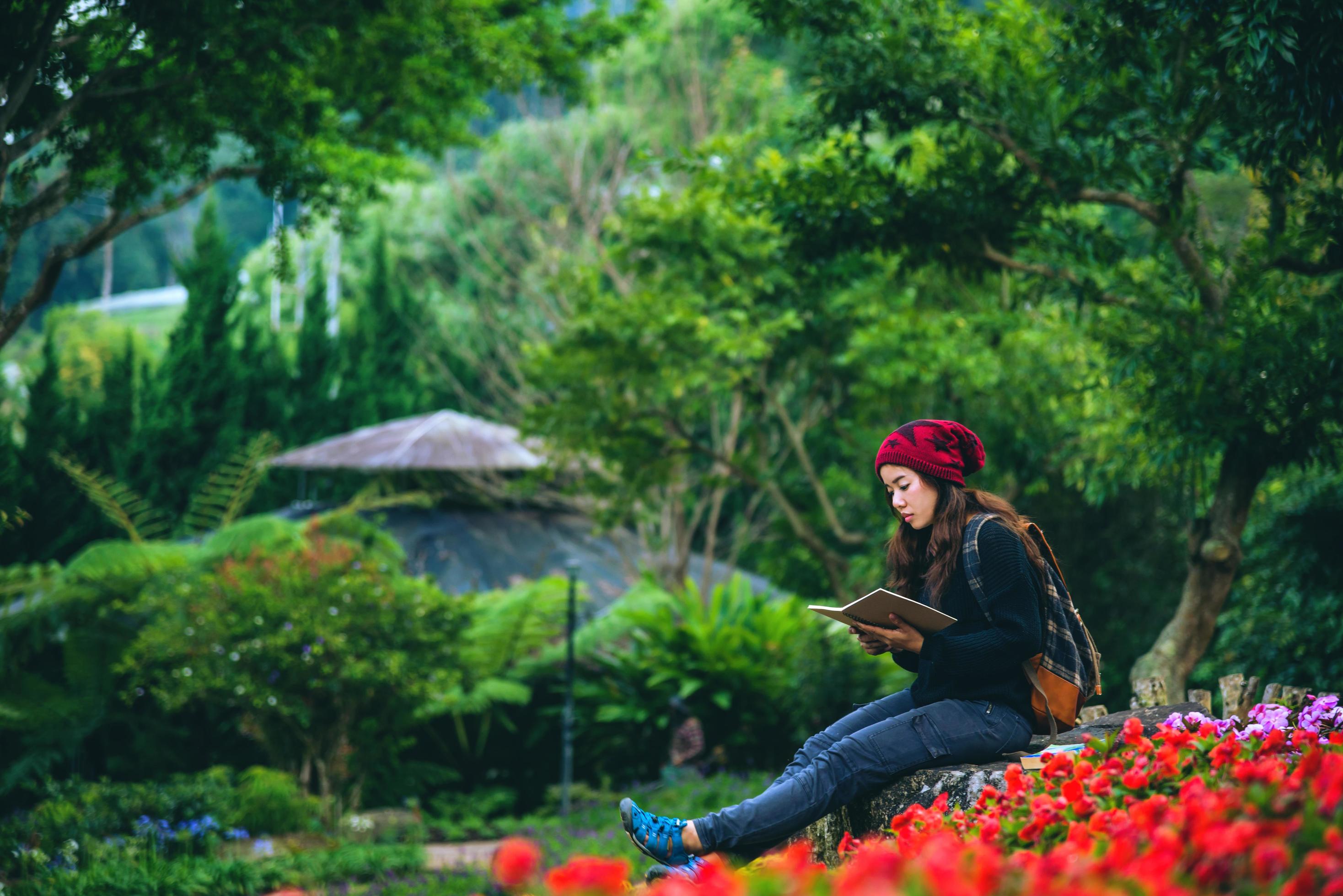 woman travel nature in the flower garden. relax sitting on rocks and reading books In the midst of nature at national park doi Inthanon. Stock Free