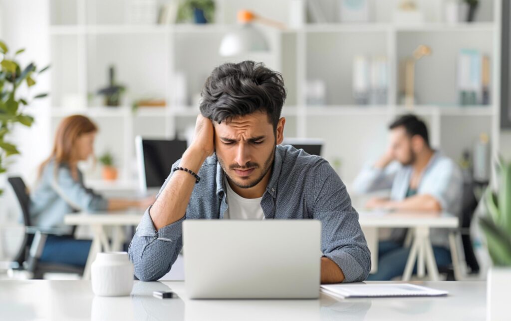 Young office worker sitting at a desk in a office with laptop on the table, stressing over work generated by AI. Free Photo