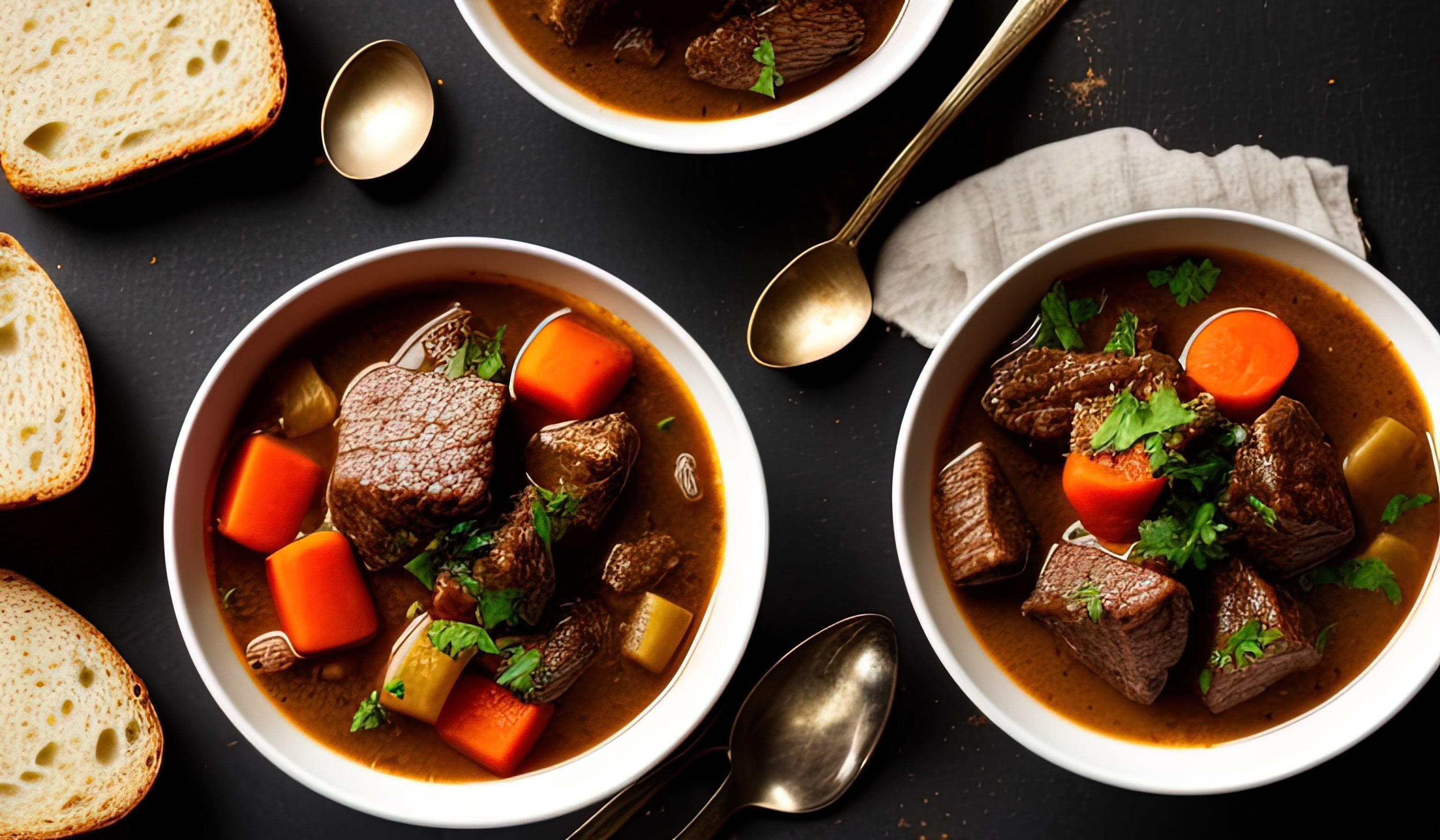 professional food photography close up of a a bowl of beef stew with bread on the side Stock Free