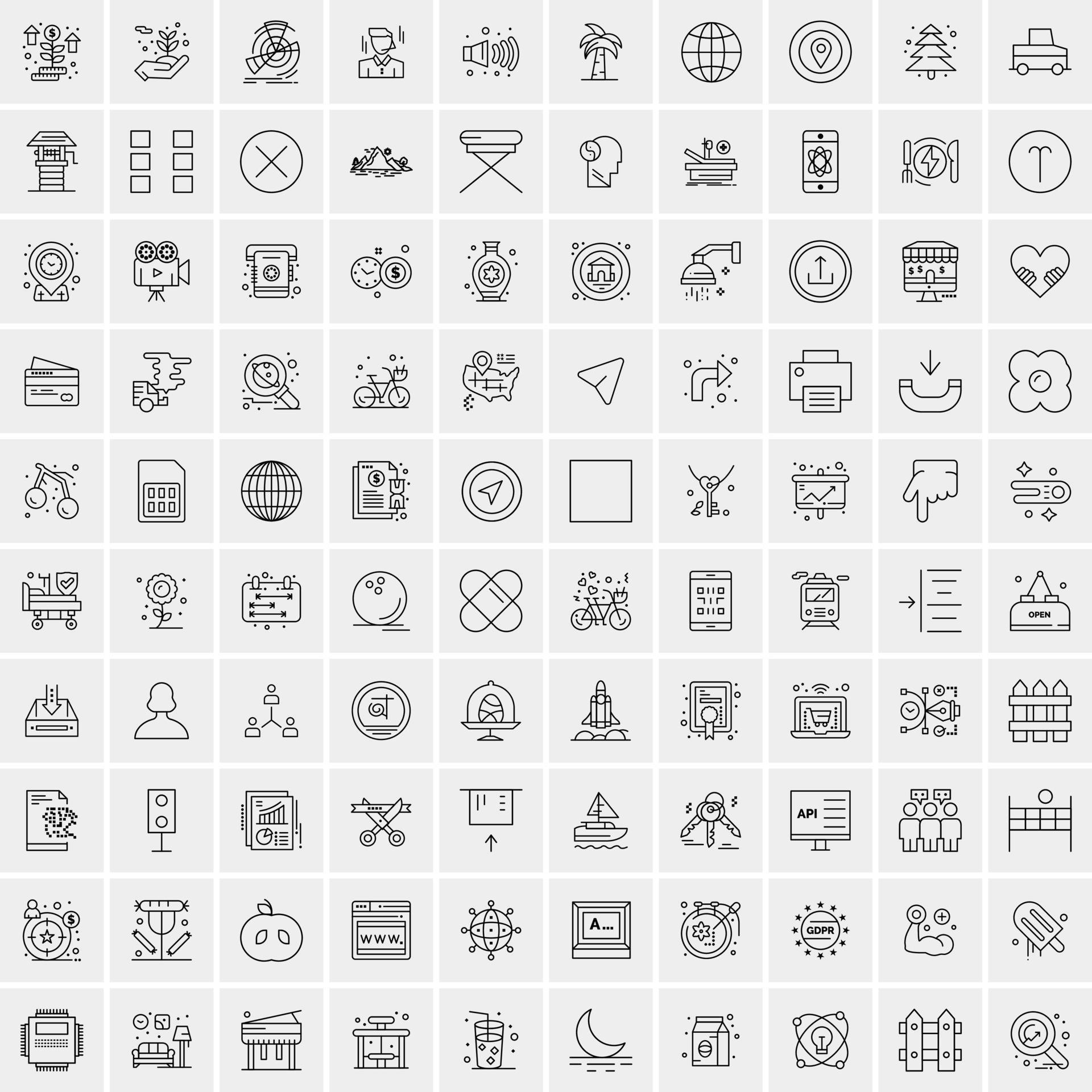 Set of 100 Universal Modern Thin Line Icons for Mobile and Web Mix Business icons Like Arrows Avatars Smileys Business Weather Stock Free