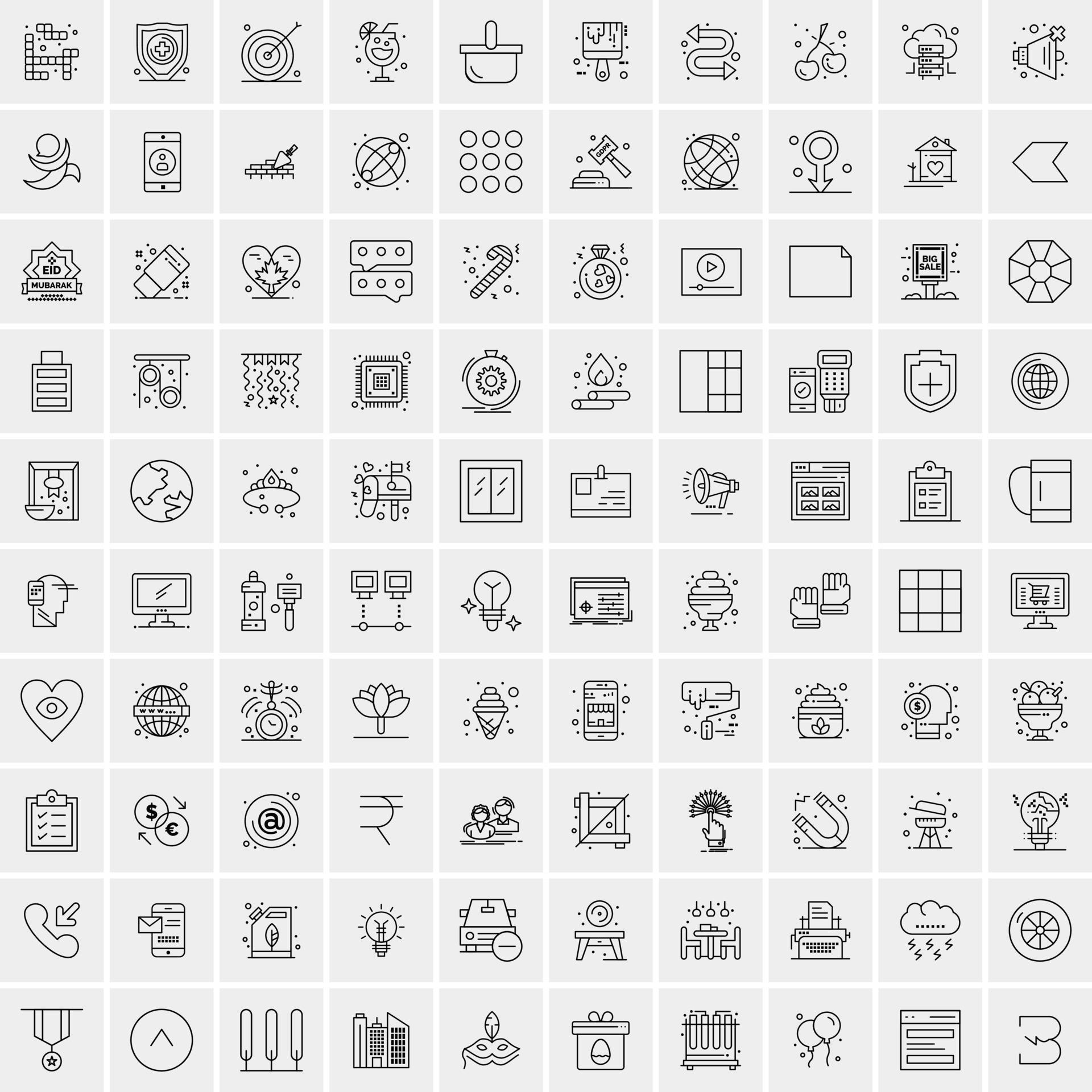 Set of 100 Universal Modern Thin Line Icons for Mobile and Web Mix Business icons Like Arrows Avatars Smileys Business Weather Stock Free