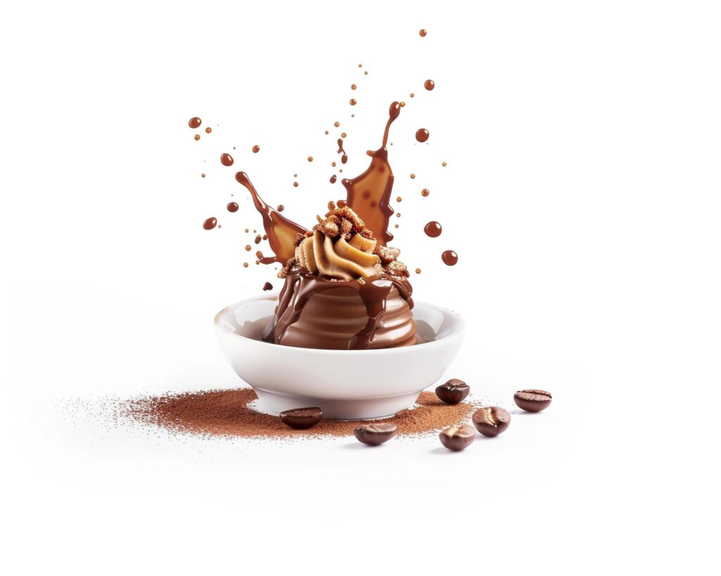 chocolate ice cream with chocolate sauce splashing on white background Stock Free