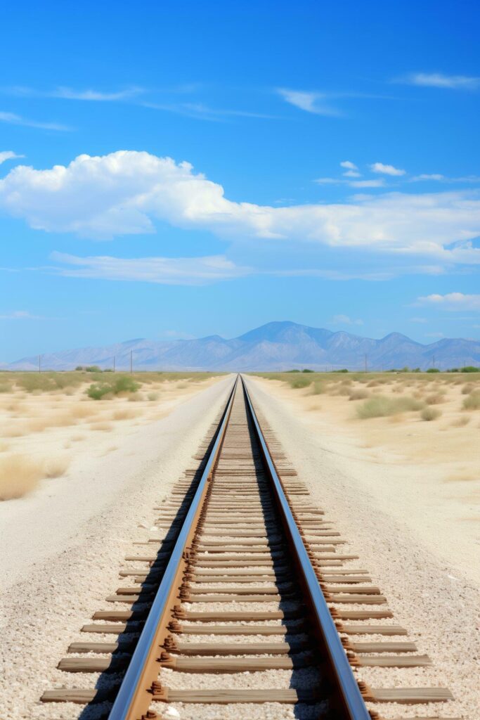 A train track stretching across a barren desert landscape, disappearing into the vastness of the arid terrain. Generative AI Free Photo