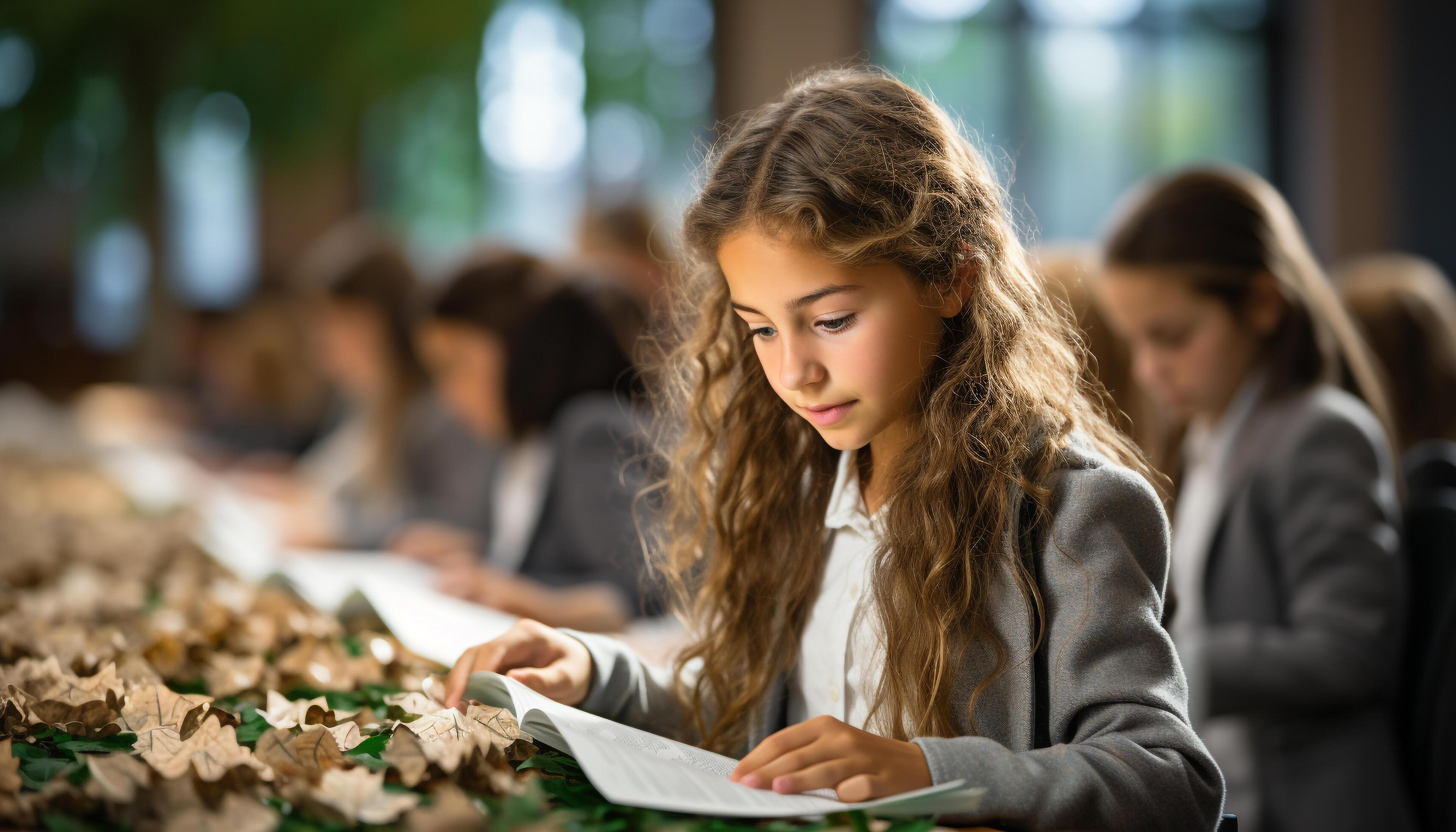 AI generated Elementary school girls studying indoors, smiling, reading, focusing on education generated by AI Stock Free