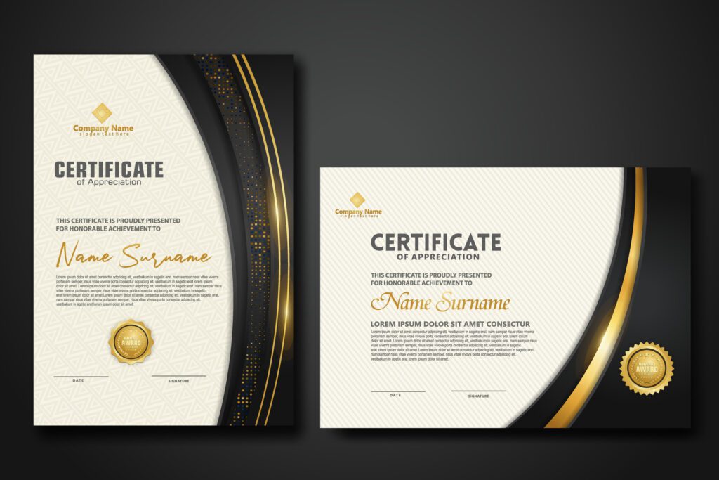 Luxury certificate template with glitter effect dan lines gold shine on frame background Free Vector