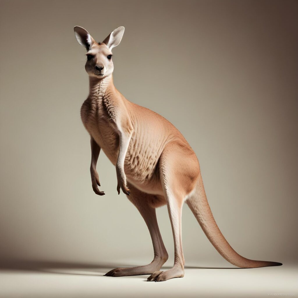 a kangaroo standing on its hind legs in front of a gray background Stock Free