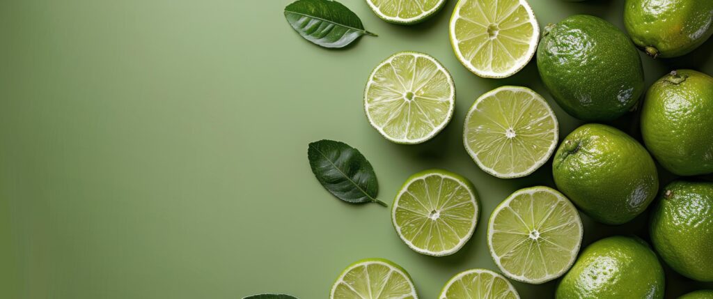 Whole and Sliced Limes Arranged on a Green Background Stock Free