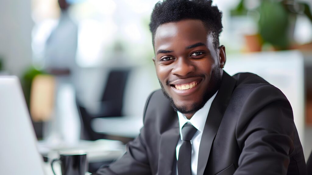 Successful Young Business Professional Smiles with Confidence in Office Stock Free