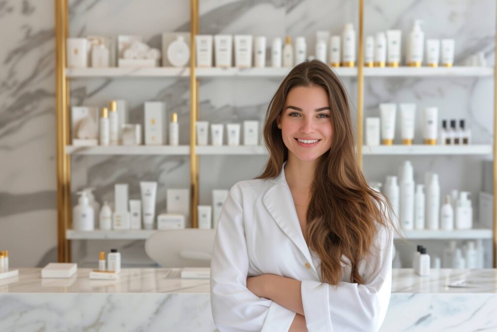 Skin Care Aesthetician in Her White and Gold Luxury Salon Stock Free