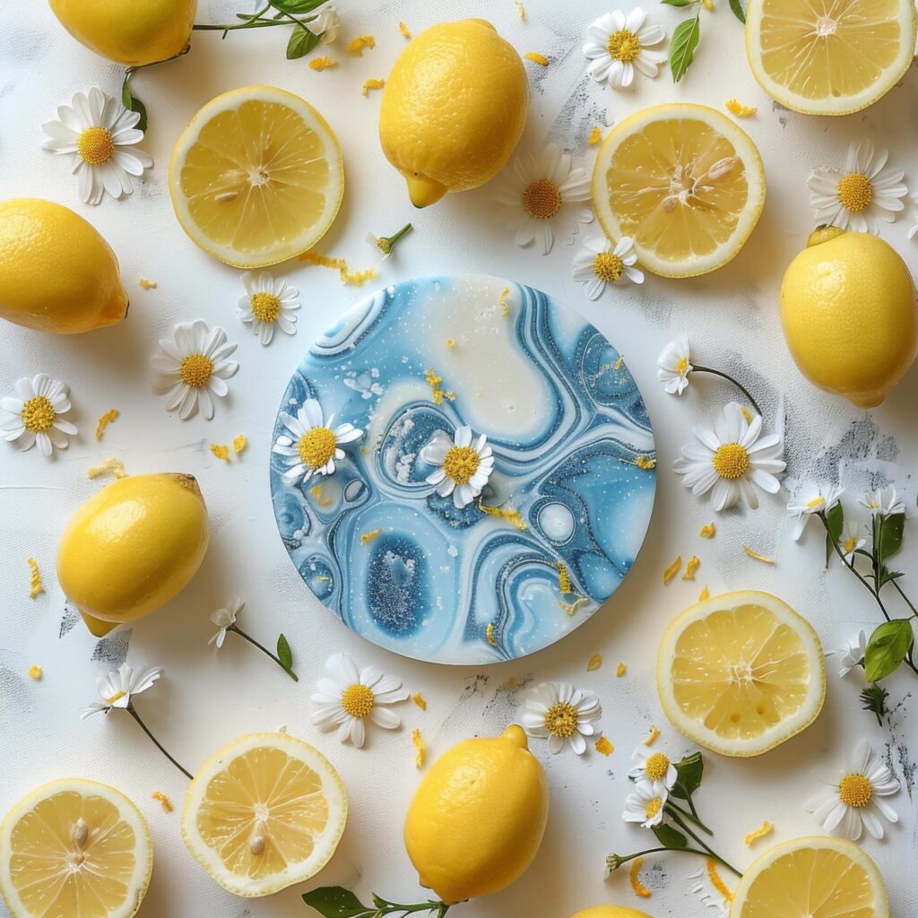 Blue Swirl Cake With Lemon and Daisies on a White Background Stock Free