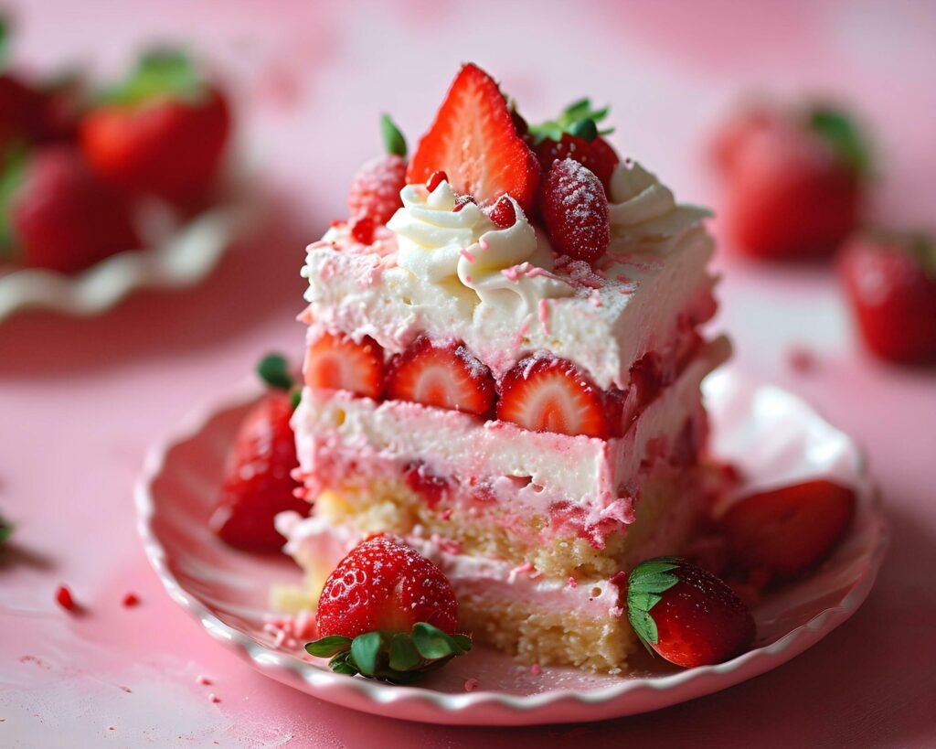 Strawberry cake with whipped cream and fresh strawberries on pink background Free Photo