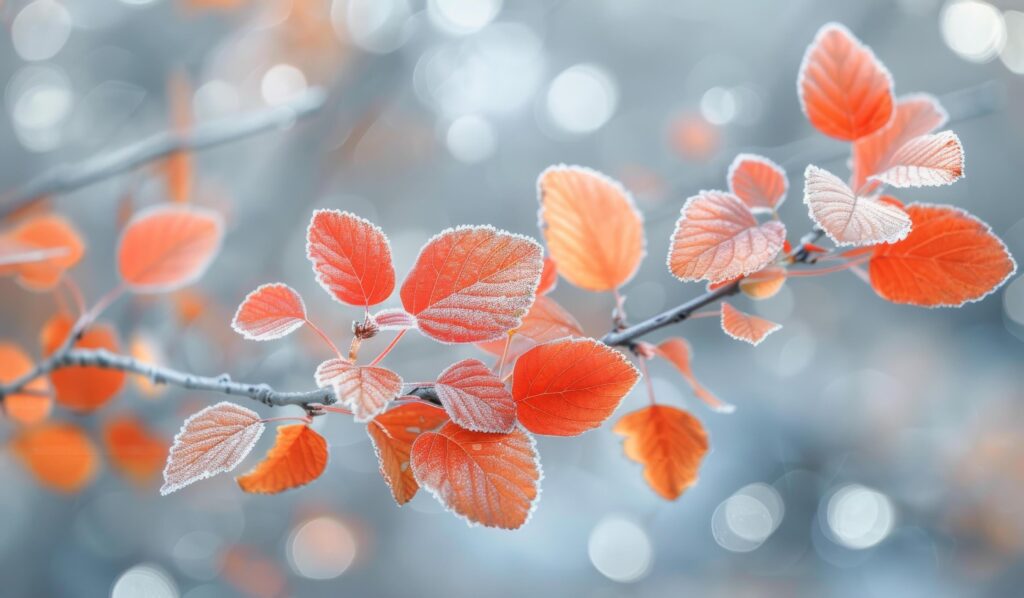 Closeup of Orange Leaves on Branch With Frosty Background Stock Free