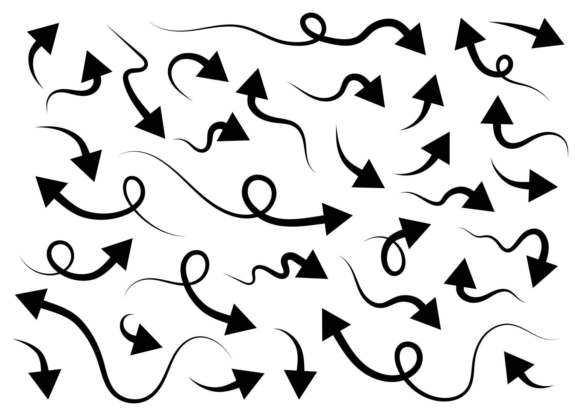 Hand drawn black curved arrow shape in doodle style. Arrow line set Stock Free