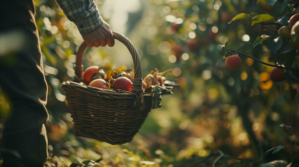 A man carrying a basket full of apples at an apple orchard. Generative AI Free Photo