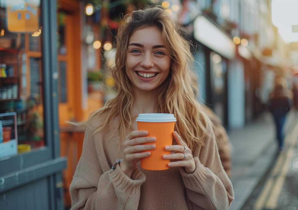 Cheerful young woman holding a orange paper cup of coffee at the street generated by AI. Free Photo