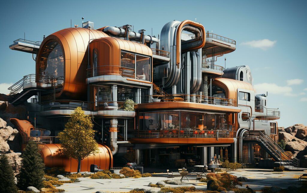 unique industrial architecture house in daylight, photo-realistic AI generative Stock Free