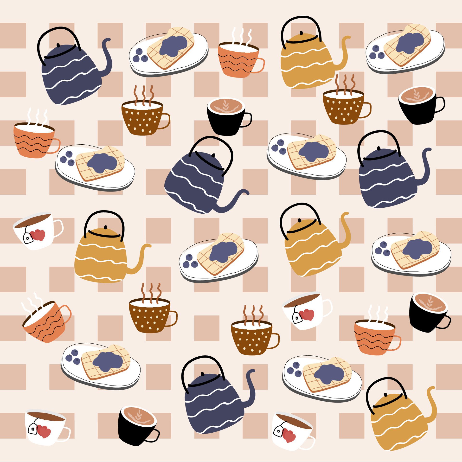 Tea pot, coffee, milk, tea cup and sliced bread pattern. Breakfast pattern, pastry pattern for wallpaper, surface design and fabric pattern Free Vector