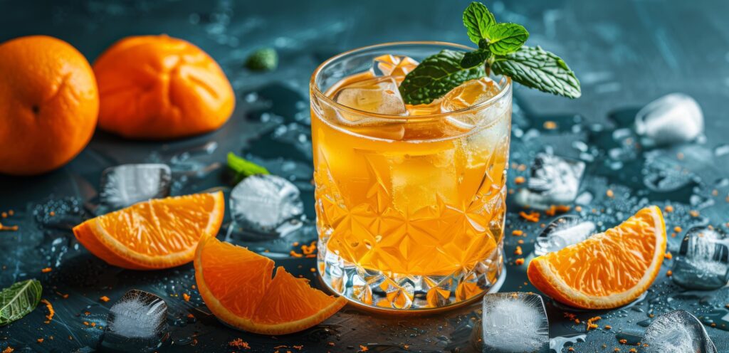 Refreshing Orange Drink With Ice and Mint on Black Background Stock Free