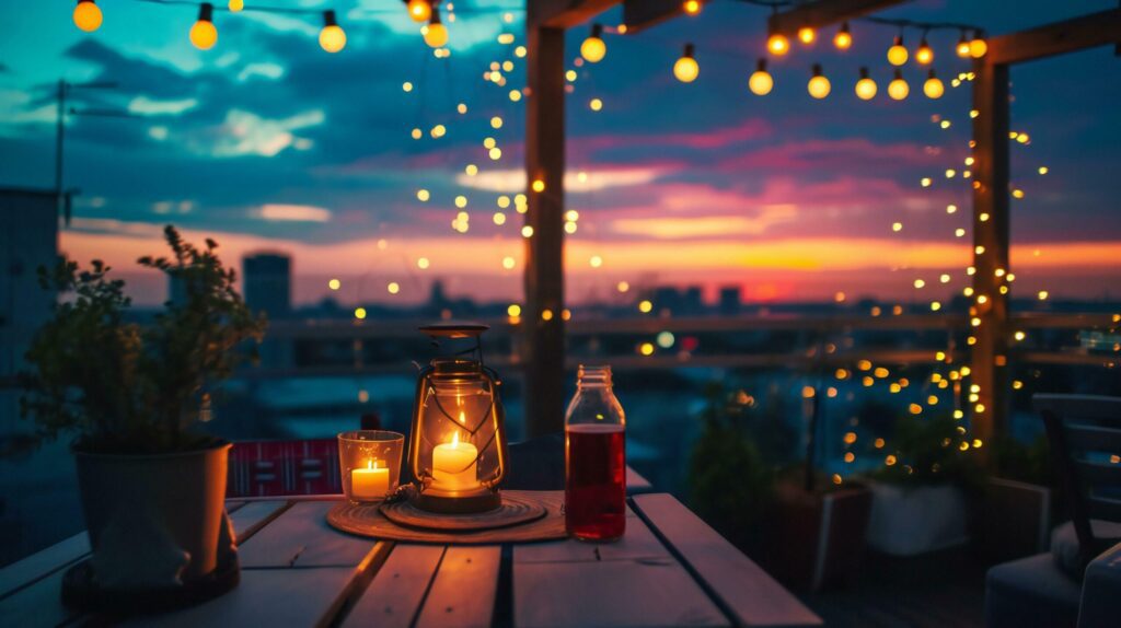 Twilight Ambiance on a Cozy Balcony with Lights Free Photo