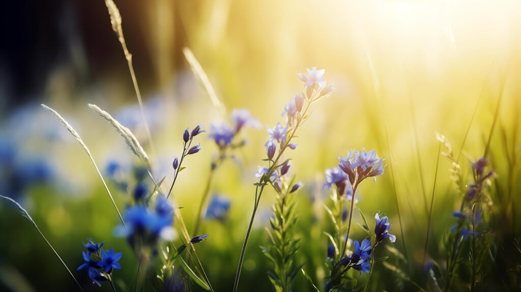 Spring Background with blue flowers with the sun shining on it Stock Free