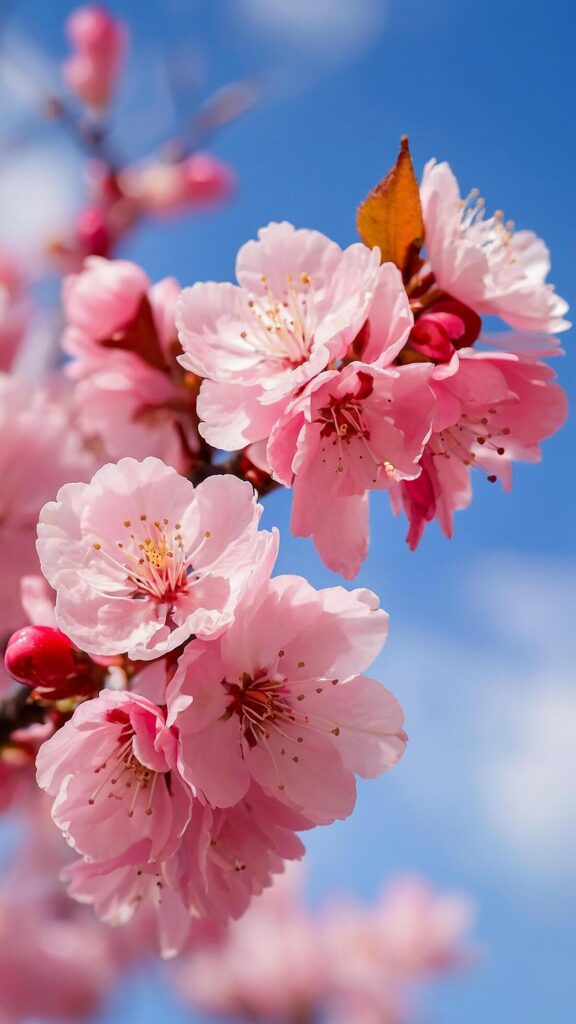 pink cherry blossoms Blooming beautifully on the background of a bright blue sky Stock Free