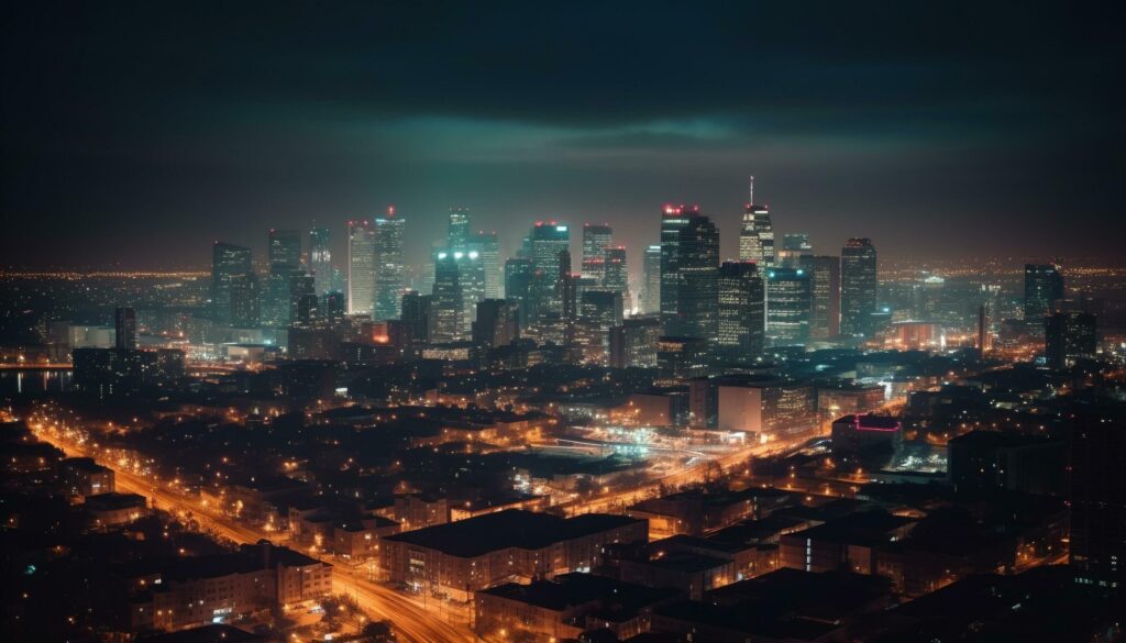 Glowing cityscape at dusk, Beijing financial district generated by AI Stock Free