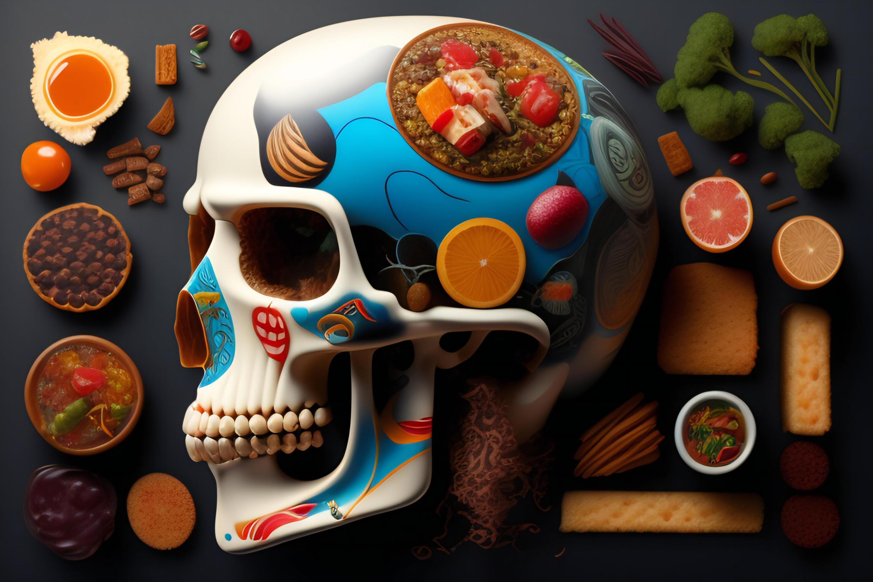 the anatomy of a zoombie head made of junk food. Stock Free