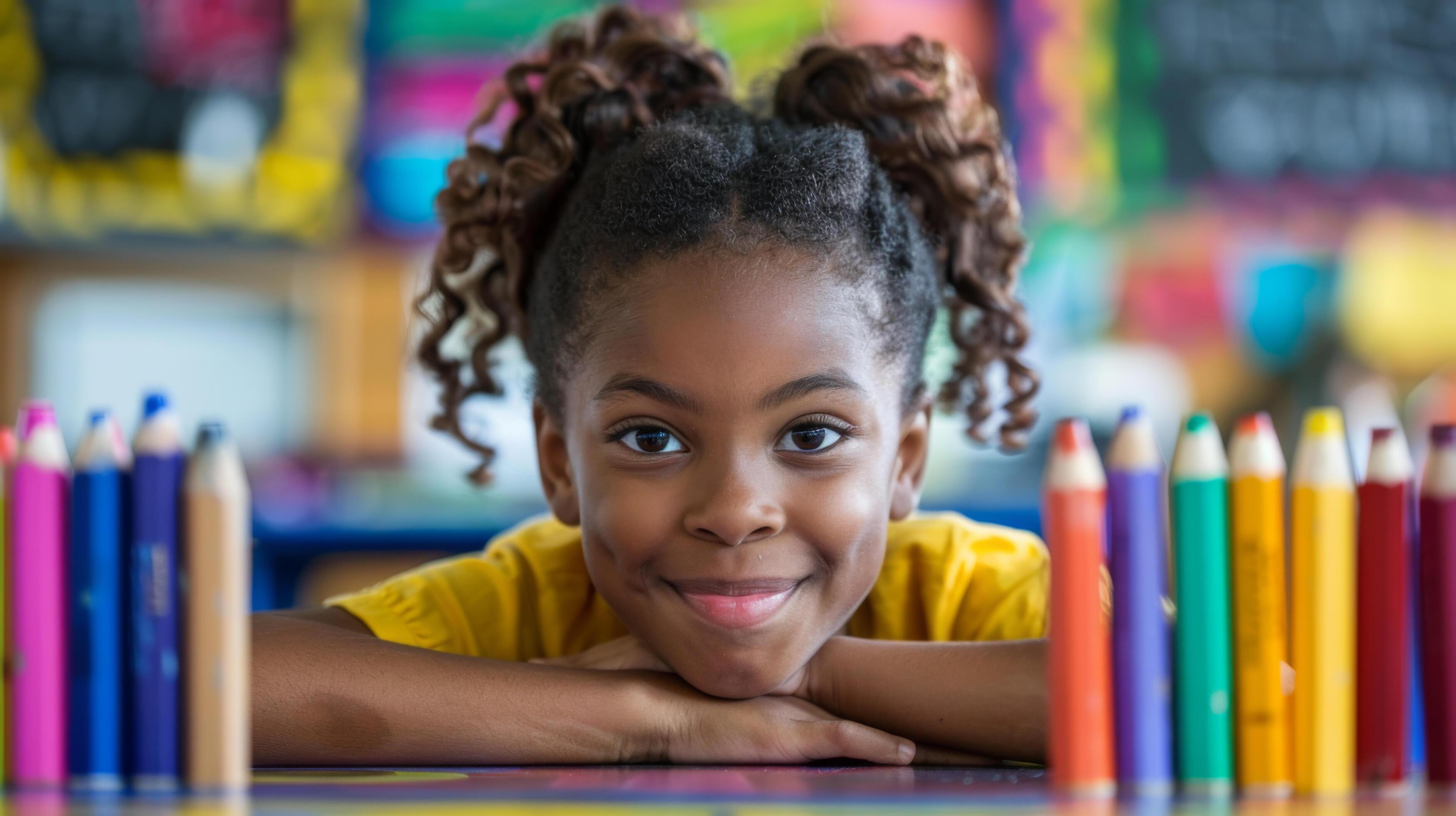 Young girl smiling with colorful pencils in a classroom, representing education, creativity, and childhood. Stock Free