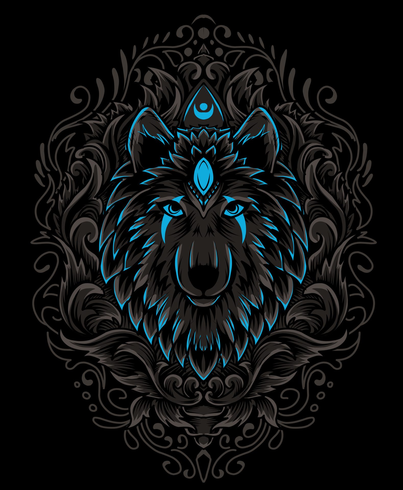 Illustration vector wolf head with engraving ornament Free Vector