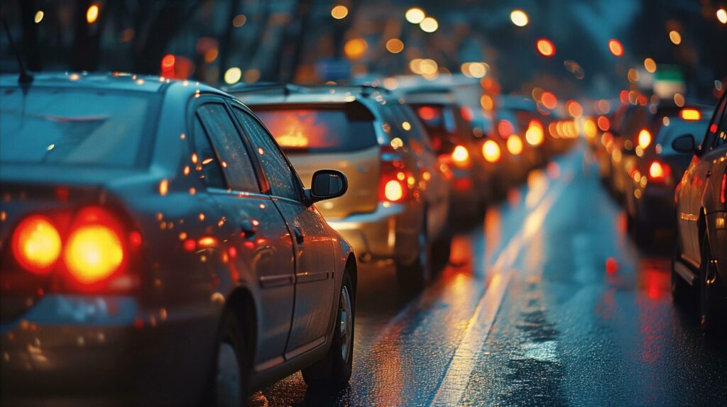 Busy city traffic on a rainy evening with glowing headlights Free Photo