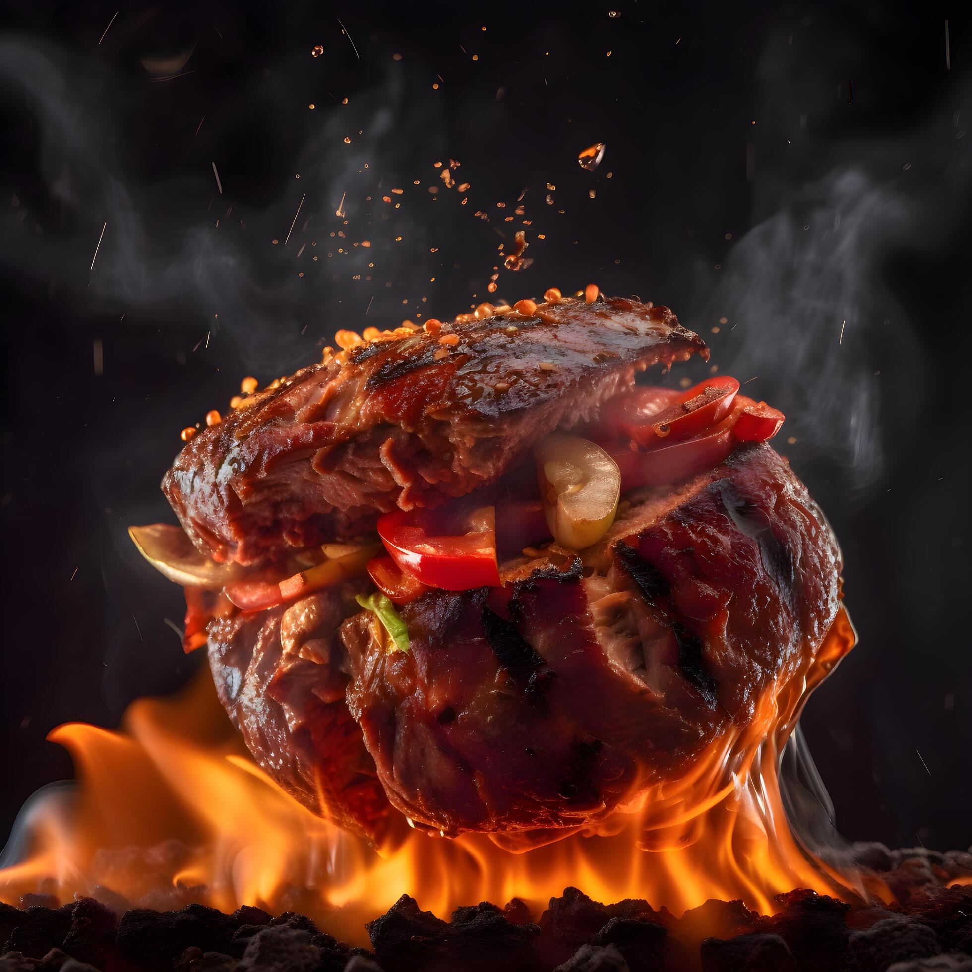 Burger in flames on a black background. The concept of fast food., Image Stock Free