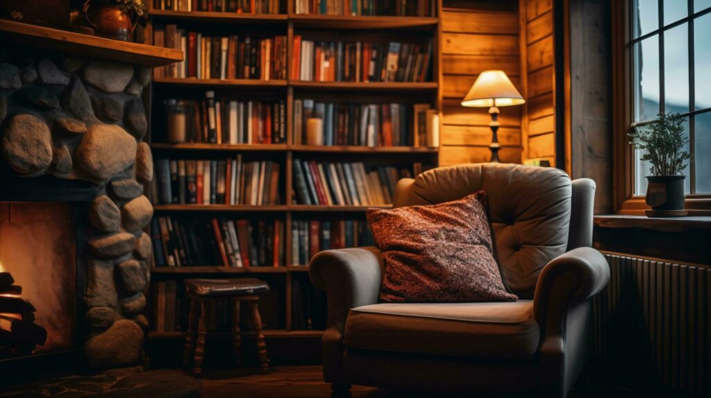 Cozy living room with armchair, fireplace and bookshelves Free Photo