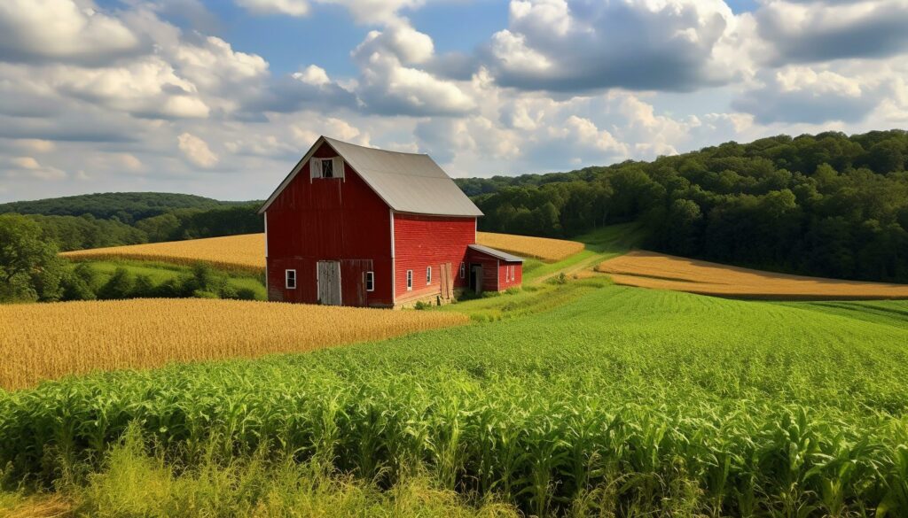 Green meadow, rustic barn, blue sky, tranquil scene generated by AI Stock Free