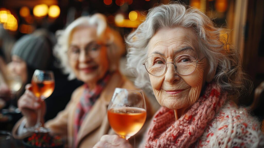 
									Caucasian Friends group of mature old women happy to pass time party and drinking a cup of wine with friendship together. AI-Generated Free Photo