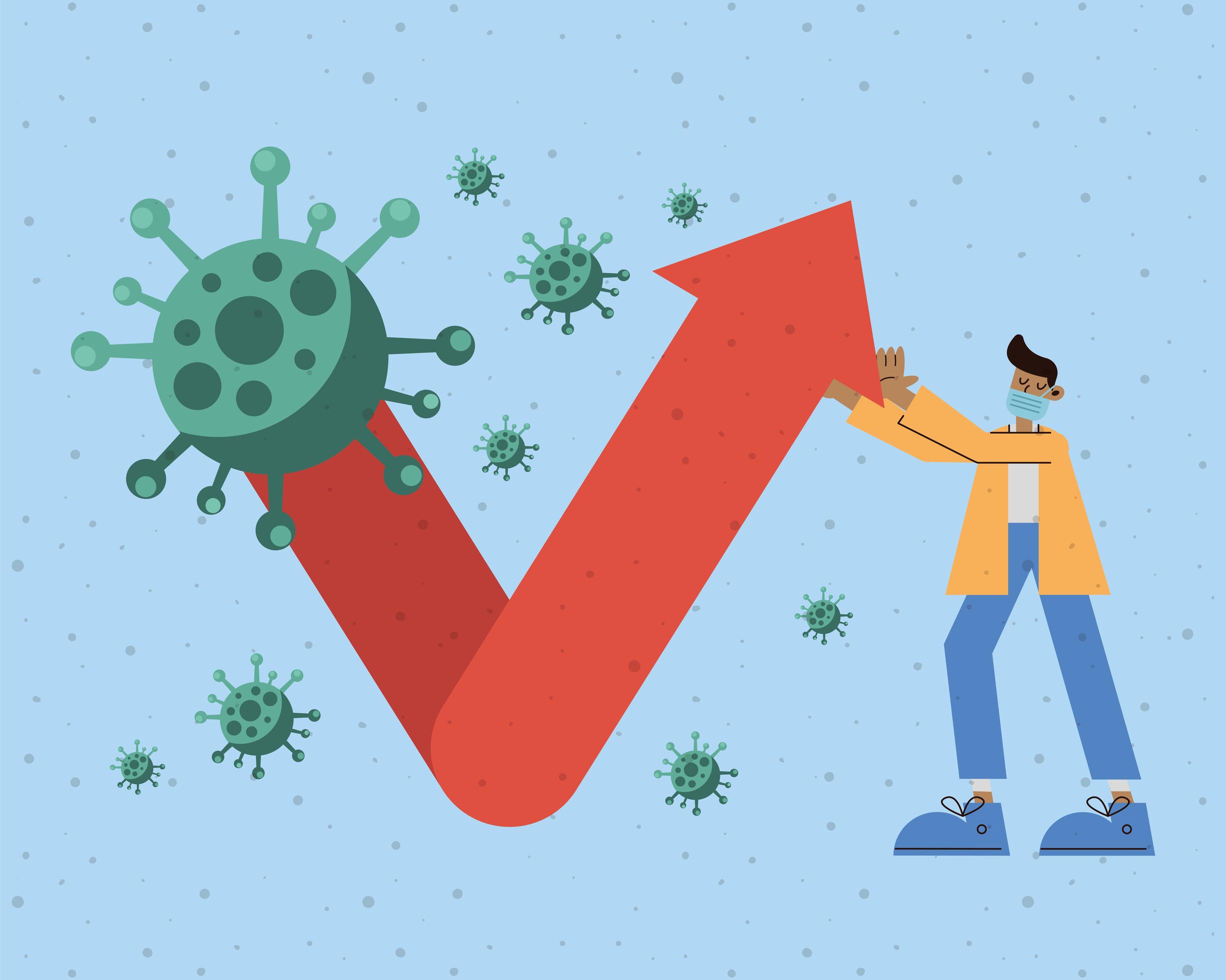 afro man wearing medical mask with statistics arrow and covid19 particles Stock Free