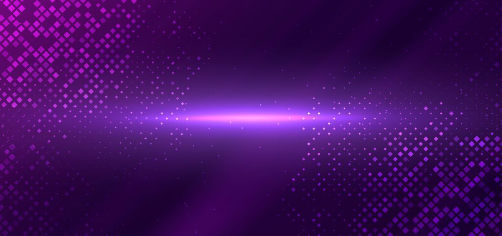 Abstract technology futuristic digital square pattern with lighting glowing particles square elements on dark purple background. Free Vector