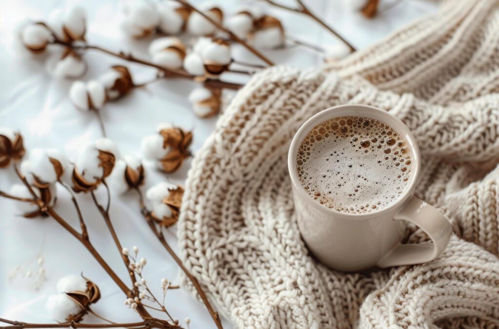 White Cotton Branch and Beige Knit Blanket With Cup of Coffee on White Background Stock Free