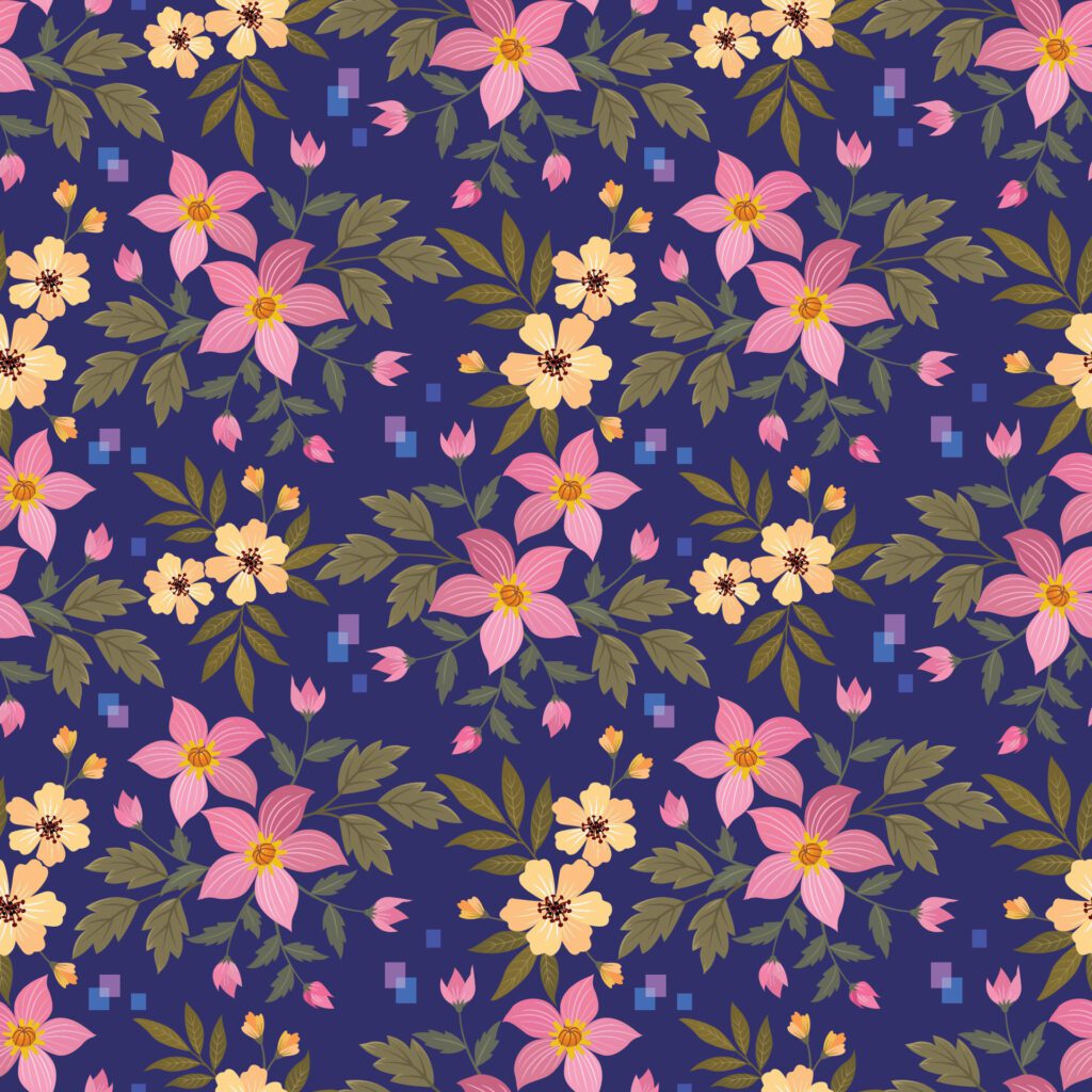 Beautiful blooming flowers on purple color background seamless pattern. Free Vector