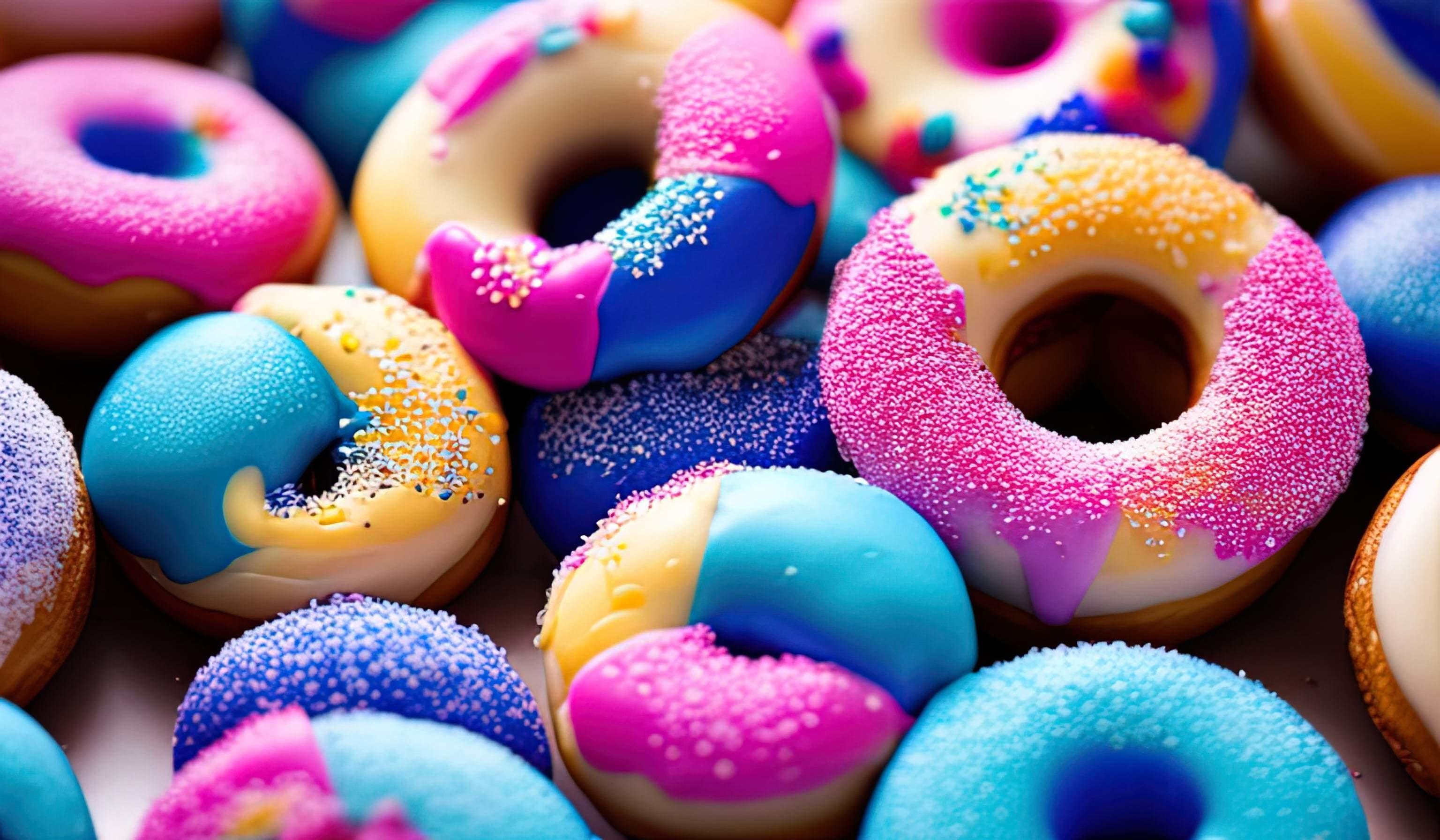 professional food photography closeup of Various decorated moving doughnuts falling on blue background Stock Free