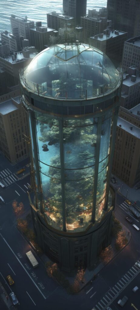 aerial view of a giant fish tank shaped like a tower in the middle of new york city, Generate Ai Stock Free